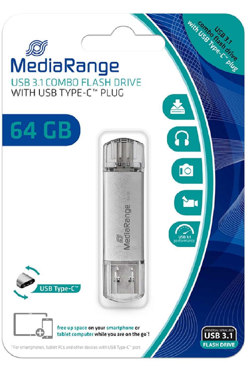 MediaRange 64GB USB 3.0 Stick με σύνδεση USB-A & USB-C Ασημί MR937